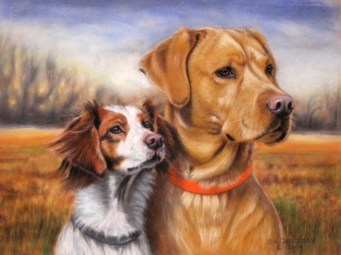 pet portrait painting of labrador retriever and brittany spaniel